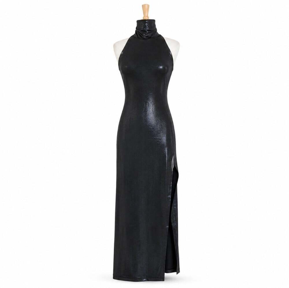 Norma Kamali Halter Turtle Side Slit Gown Dress Black M 38 Maxi Stretch